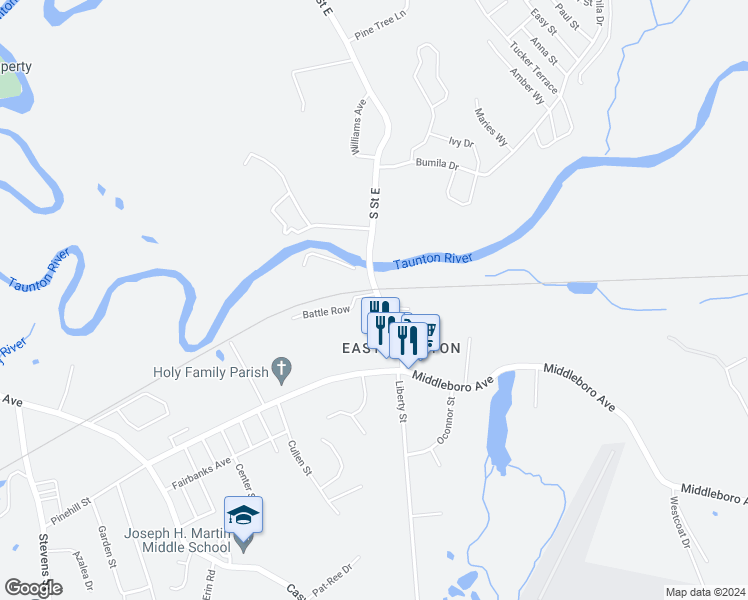 map of restaurants, bars, coffee shops, grocery stores, and more near 118 Old Colony Avenue in Taunton