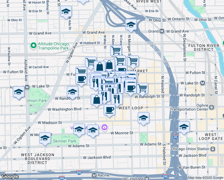 map of restaurants, bars, coffee shops, grocery stores, and more near 166 North Aberdeen Street in Chicago