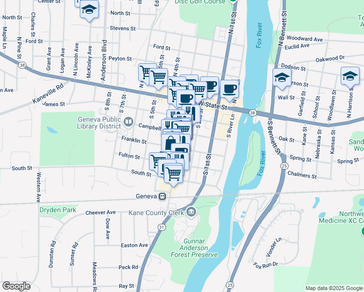 map of restaurants, bars, coffee shops, grocery stores, and more near 301 South 3rd Street in Geneva