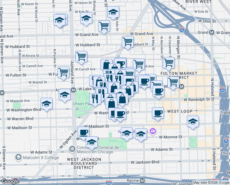 map of restaurants, bars, coffee shops, grocery stores, and more near 1364 West Randolph Street in Chicago