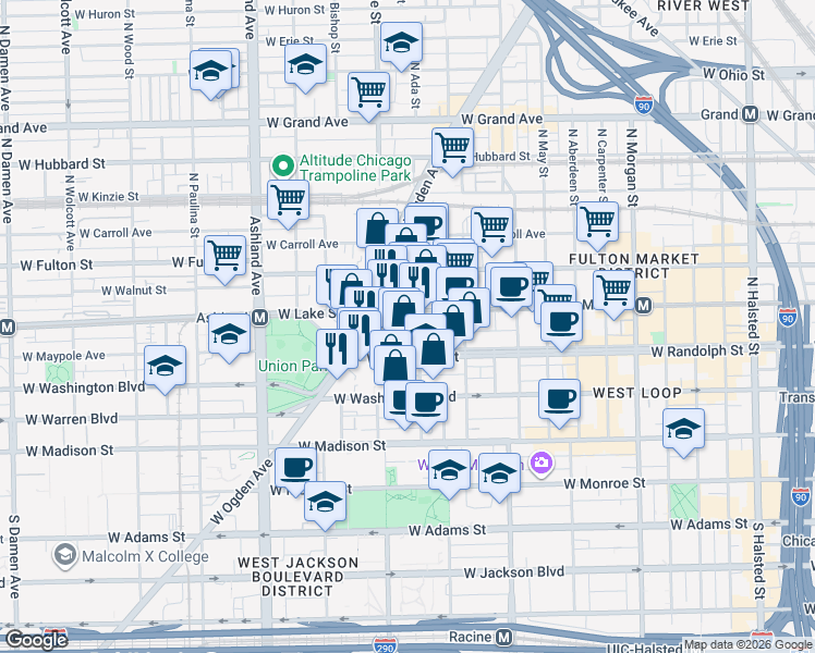 map of restaurants, bars, coffee shops, grocery stores, and more near 180 North Ada Street in Chicago
