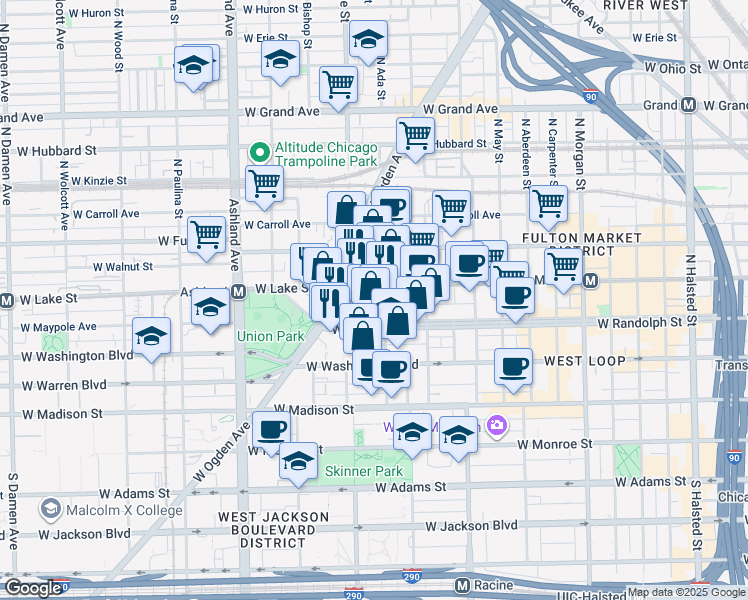map of restaurants, bars, coffee shops, grocery stores, and more near 180 North Ada Street in Chicago