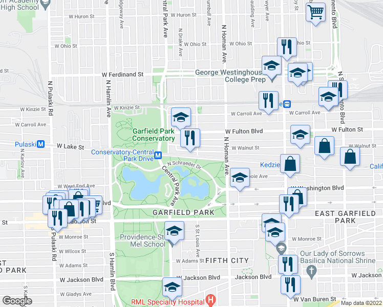 map of restaurants, bars, coffee shops, grocery stores, and more near 3504 West Lake Street in Chicago