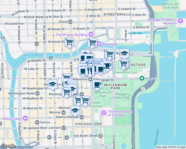 map of restaurants, bars, coffee shops, grocery stores, and more near 55 North Michigan Avenue in Chicago