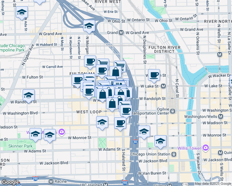 map of restaurants, bars, coffee shops, grocery stores, and more near 149 North Halsted Street in Chicago