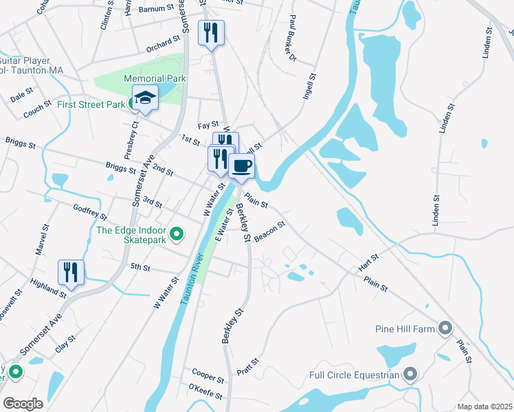 map of restaurants, bars, coffee shops, grocery stores, and more near 36 Berkley Street in Taunton