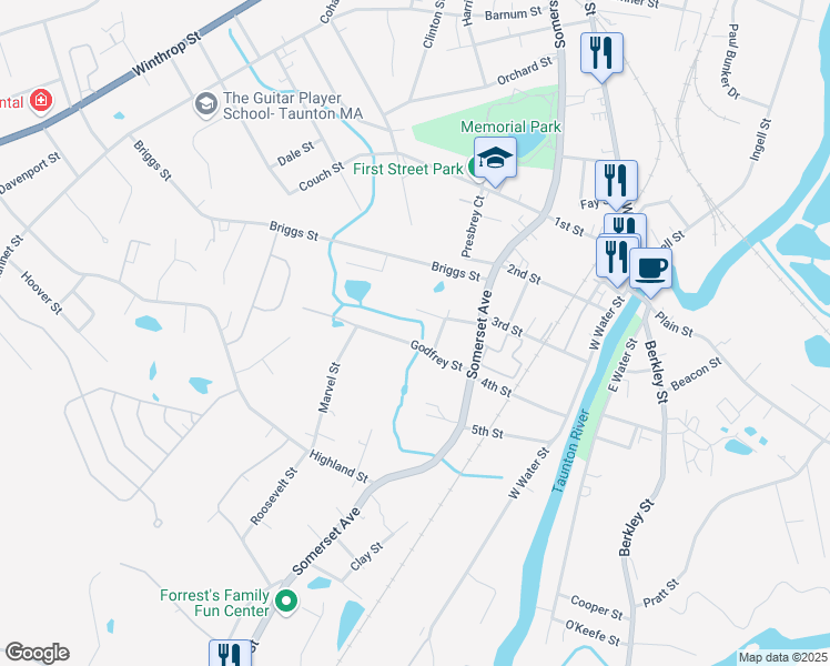 map of restaurants, bars, coffee shops, grocery stores, and more near 16 Billings Street in Taunton
