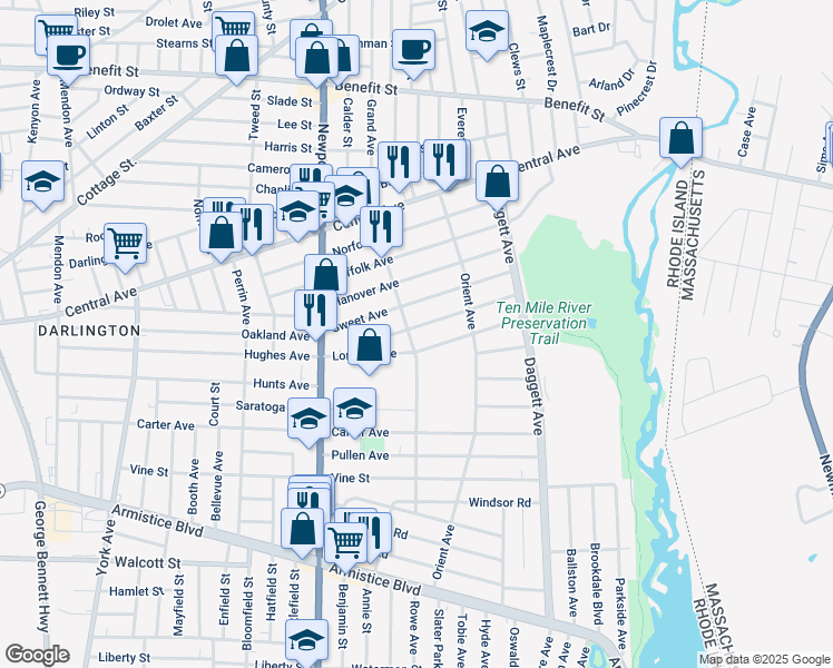 map of restaurants, bars, coffee shops, grocery stores, and more near 119 London Avenue in Pawtucket