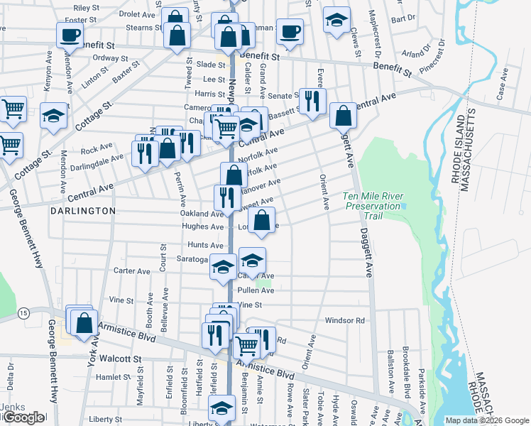 map of restaurants, bars, coffee shops, grocery stores, and more near 35 Bristol Avenue in Pawtucket