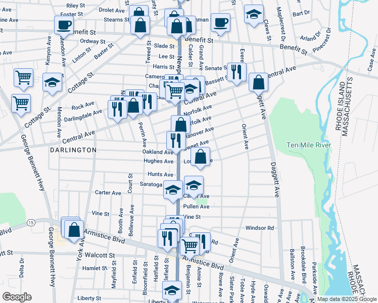 map of restaurants, bars, coffee shops, grocery stores, and more near 16 London Avenue in Pawtucket