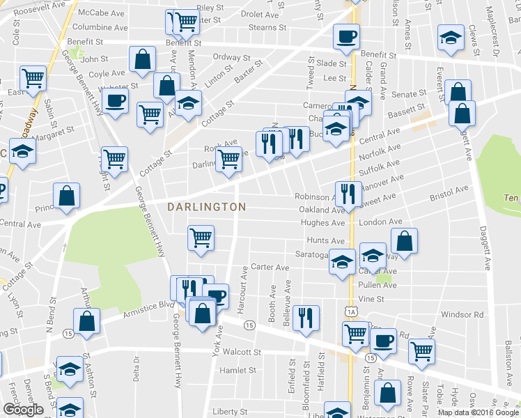 map of restaurants, bars, coffee shops, grocery stores, and more near 160 Hughes Avenue in Pawtucket