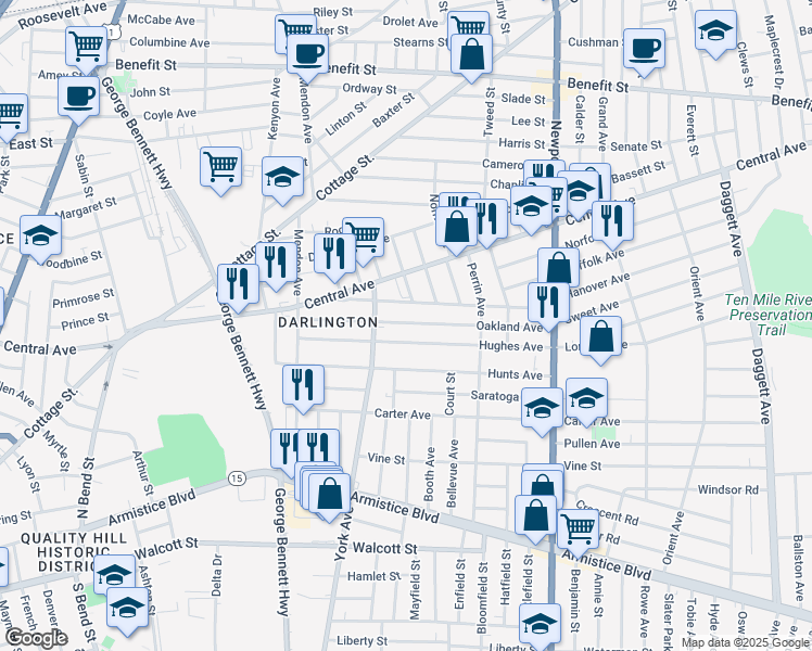 map of restaurants, bars, coffee shops, grocery stores, and more near 160 Hughes Avenue in Pawtucket