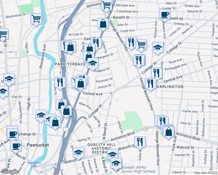 map of restaurants, bars, coffee shops, grocery stores, and more near 260 Central Avenue in Pawtucket