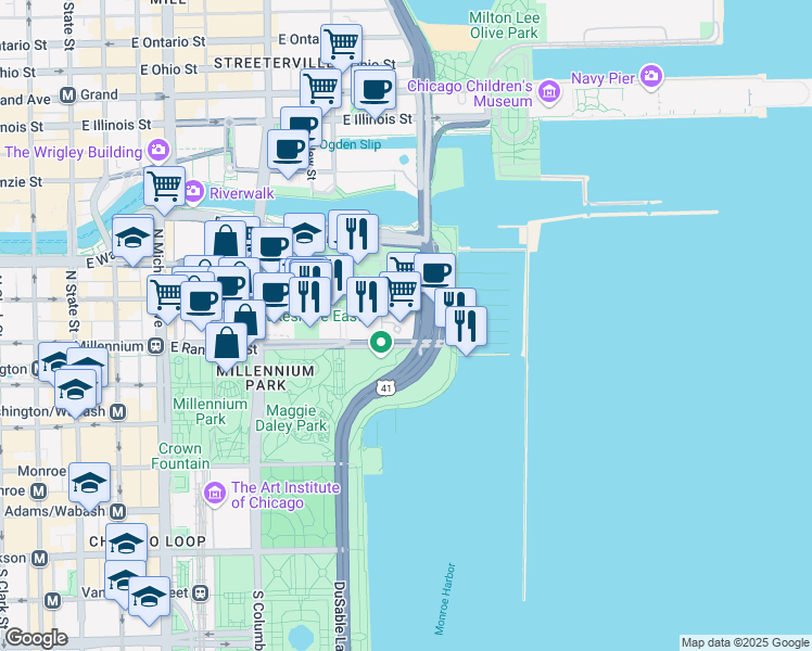 map of restaurants, bars, coffee shops, grocery stores, and more near 230 East Randolph Street in Chicago