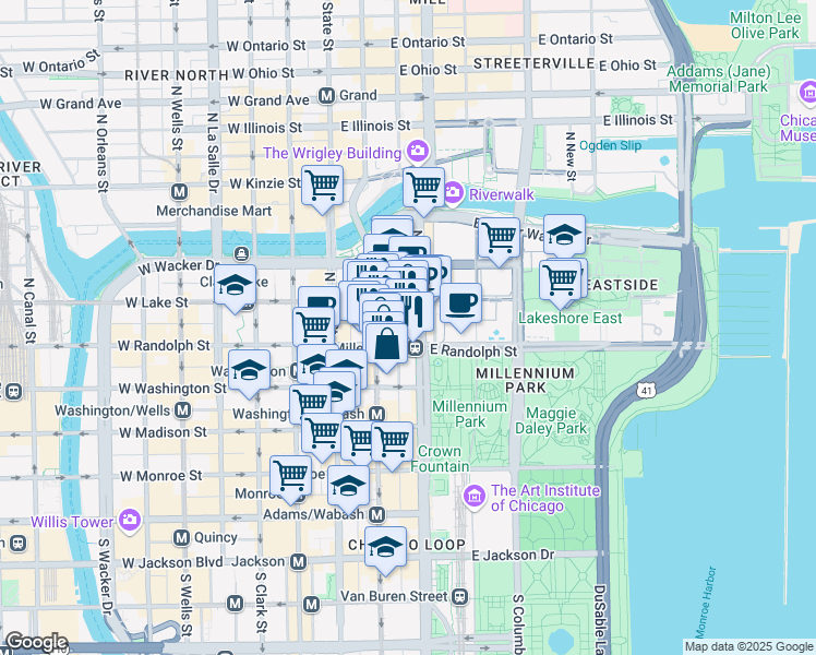 map of restaurants, bars, coffee shops, grocery stores, and more near 154 North Garland Court in Chicago