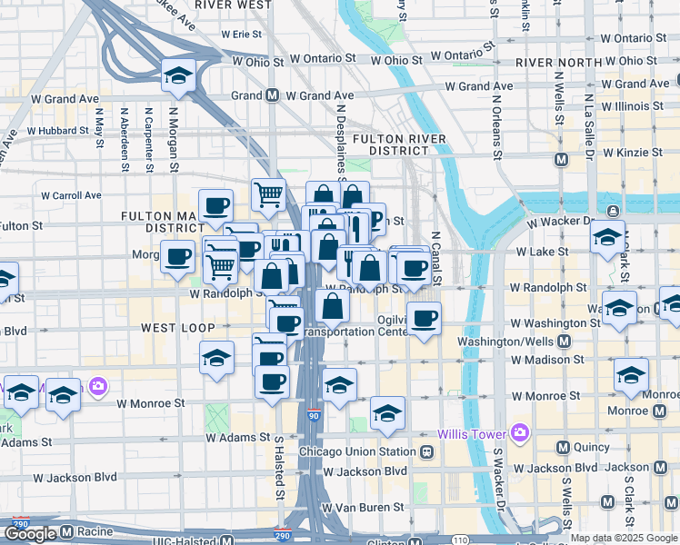 map of restaurants, bars, coffee shops, grocery stores, and more near 648W West Randolph Street in Chicago
