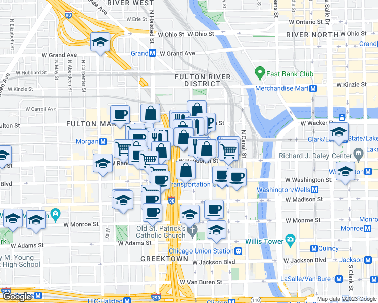 map of restaurants, bars, coffee shops, grocery stores, and more near 648W West Randolph Street in Chicago