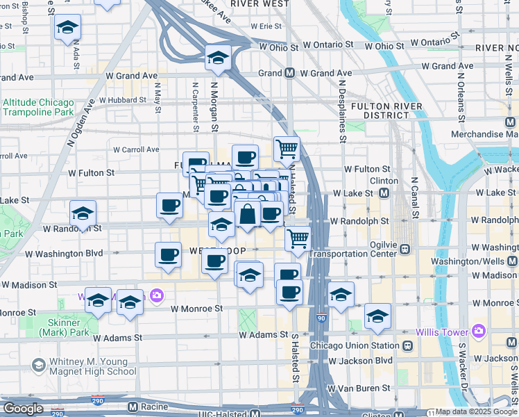 map of restaurants, bars, coffee shops, grocery stores, and more near in Chicago