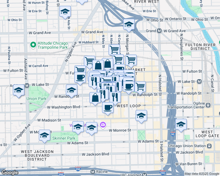 map of restaurants, bars, coffee shops, grocery stores, and more near 1116 West Randolph Street in Chicago