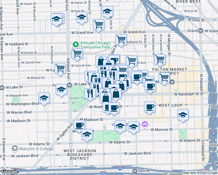 map of restaurants, bars, coffee shops, grocery stores, and more near 1364 West Randolph Street in Chicago