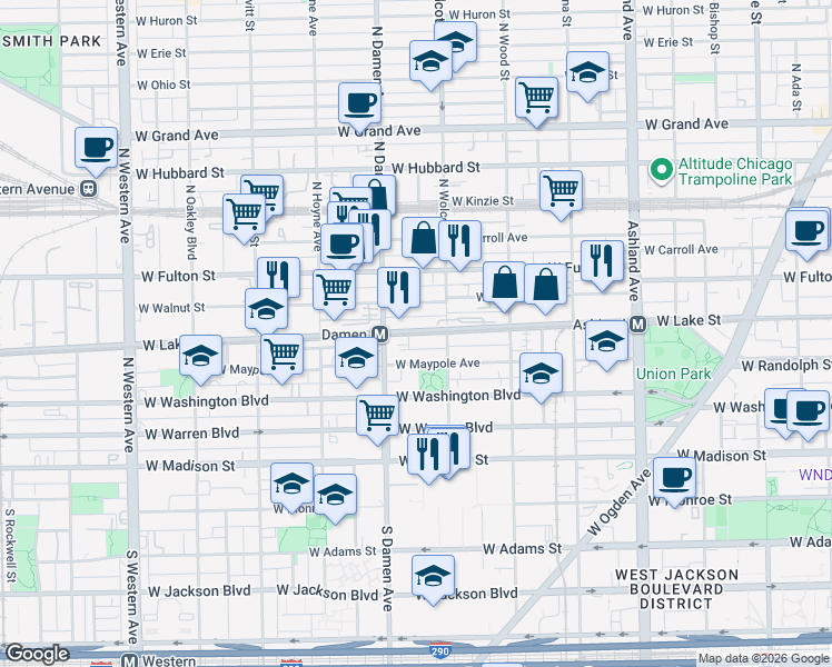 map of restaurants, bars, coffee shops, grocery stores, and more near 1916 West Maypole Avenue in Chicago