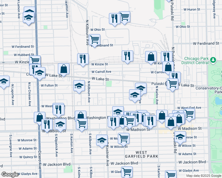 map of restaurants, bars, coffee shops, grocery stores, and more near 4347 West Maypole Avenue in Chicago