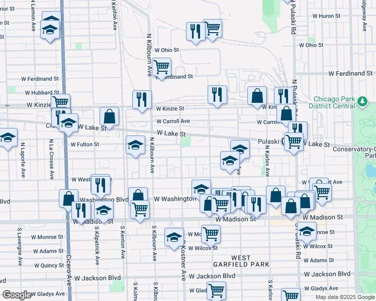 map of restaurants, bars, coffee shops, grocery stores, and more near 4343 West Maypole Avenue in Chicago