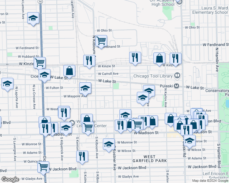 map of restaurants, bars, coffee shops, grocery stores, and more near 4347 West Maypole Avenue in Chicago