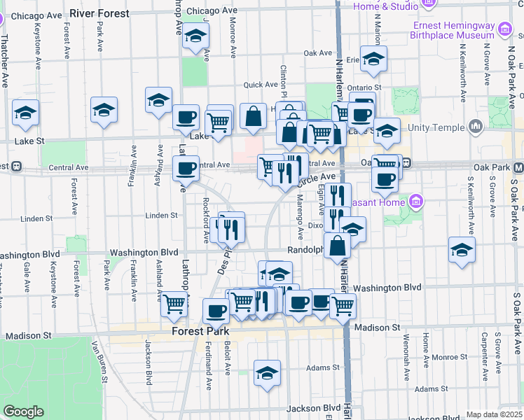 map of restaurants, bars, coffee shops, grocery stores, and more near 7410 Dixon Street in Forest Park