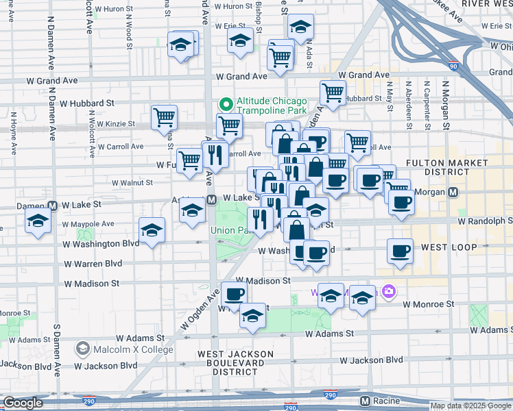 map of restaurants, bars, coffee shops, grocery stores, and more near 1419-1501 W Randolph St in Chicago