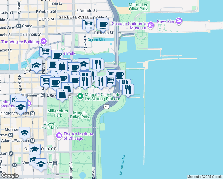 map of restaurants, bars, coffee shops, grocery stores, and more near 155 North Harbor Drive in Chicago