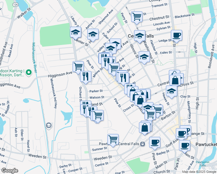 map of restaurants, bars, coffee shops, grocery stores, and more near 2 Parker Street in Central Falls