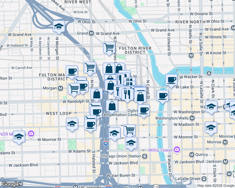 map of restaurants, bars, coffee shops, grocery stores, and more near 167 North Des Plaines Street in Chicago