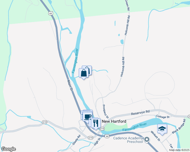 map of restaurants, bars, coffee shops, grocery stores, and more near 86 Prospect Street in New Hartford
