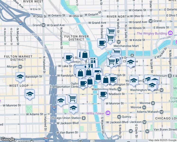map of restaurants, bars, coffee shops, grocery stores, and more near 2 North Riverside Plaza in Chicago