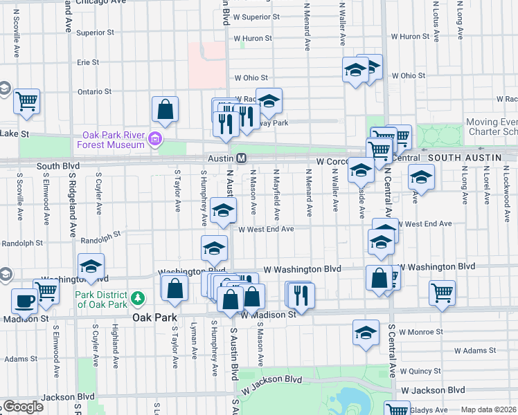 map of restaurants, bars, coffee shops, grocery stores, and more near 208 North Mayfield Avenue in Chicago