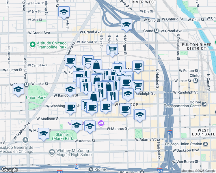 map of restaurants, bars, coffee shops, grocery stores, and more near 1116 West Randolph Street in Chicago