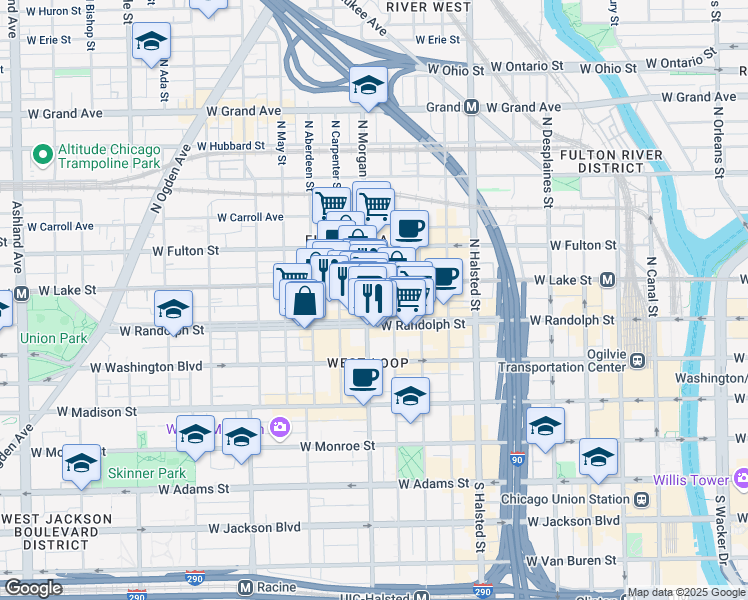 map of restaurants, bars, coffee shops, grocery stores, and more near 1006 West Randolph Street in Chicago