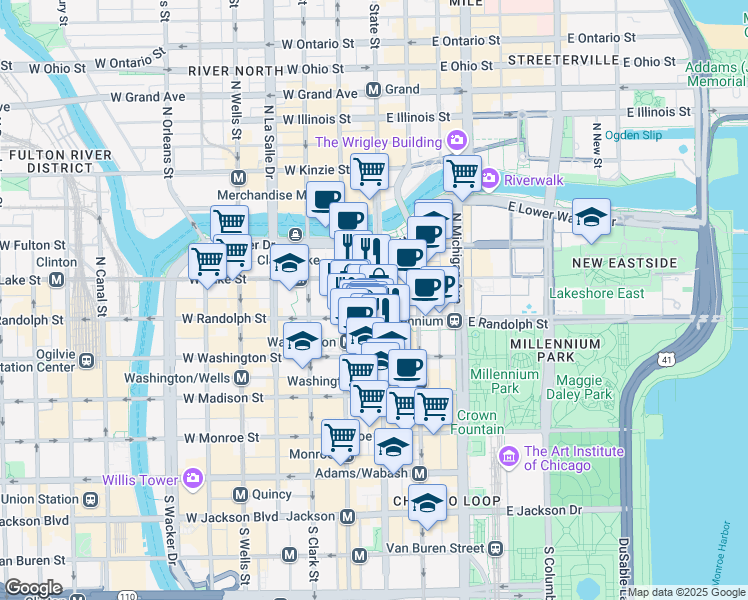 map of restaurants, bars, coffee shops, grocery stores, and more near 119 North Dearborn Street in Chicago