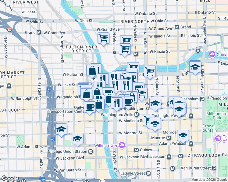 map of restaurants, bars, coffee shops, grocery stores, and more near 150 North Wacker Drive in Chicago