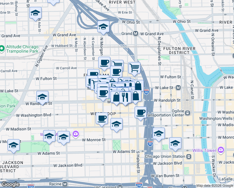 map of restaurants, bars, coffee shops, grocery stores, and more near 164 North Peoria Street in Chicago