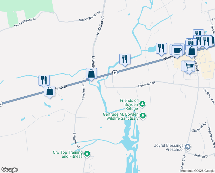 map of restaurants, bars, coffee shops, grocery stores, and more near 1378 Cohannet Street in Taunton