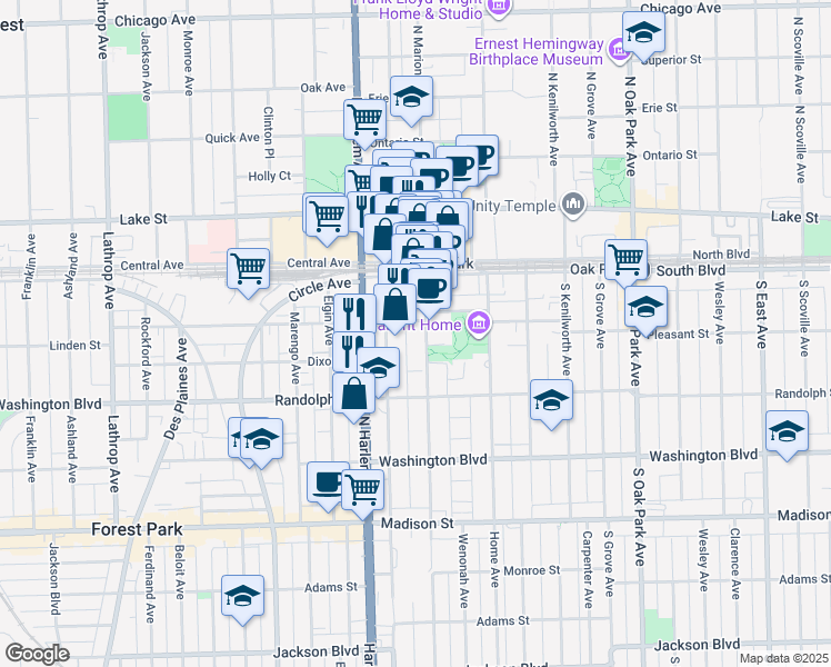 map of restaurants, bars, coffee shops, grocery stores, and more near 227 South Marion Street in Oak Park