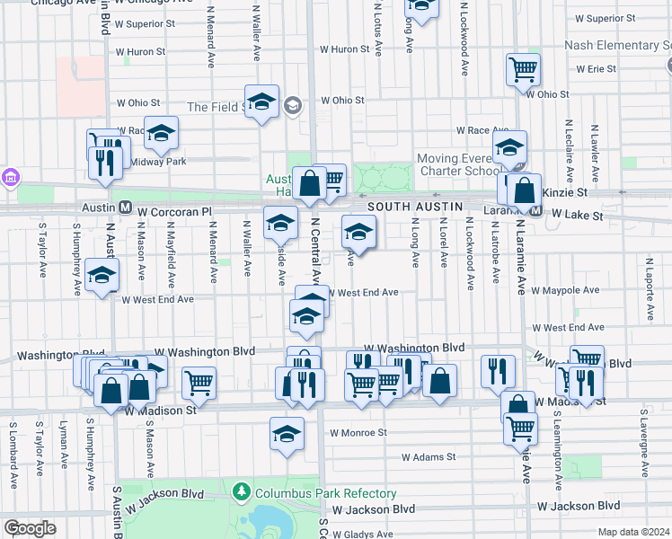 map of restaurants, bars, coffee shops, grocery stores, and more near 226 North Pine Avenue in Chicago