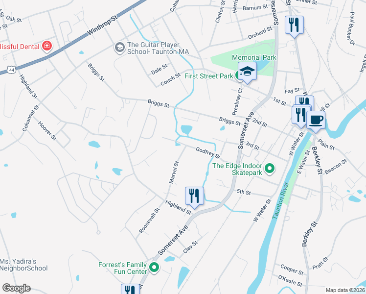 map of restaurants, bars, coffee shops, grocery stores, and more near 35 Marvel Street in Taunton