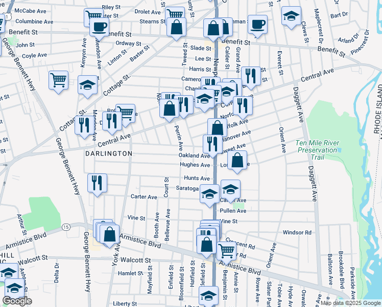 map of restaurants, bars, coffee shops, grocery stores, and more near 251 Hughes Avenue in Pawtucket