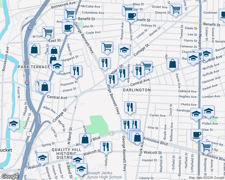 map of restaurants, bars, coffee shops, grocery stores, and more near 413 Central Avenue in Pawtucket
