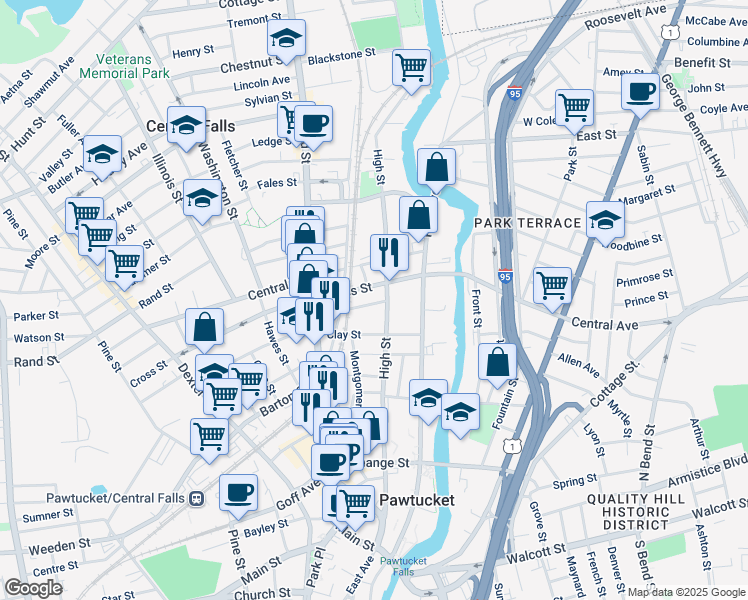 map of restaurants, bars, coffee shops, grocery stores, and more near 40 Jenks Street in Central Falls
