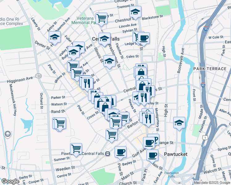 map of restaurants, bars, coffee shops, grocery stores, and more near 18 Clinton Street in Central Falls