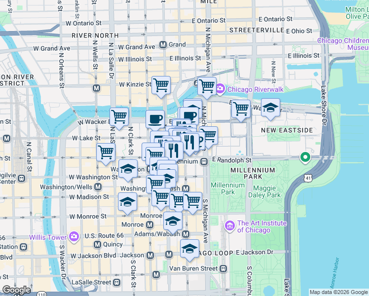map of restaurants, bars, coffee shops, grocery stores, and more near 28 East Randolph Street in Chicago